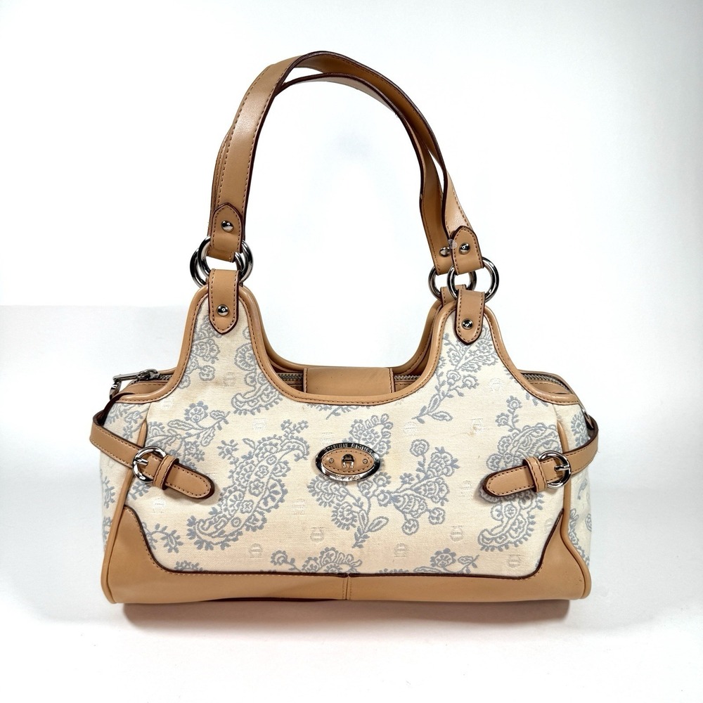 Etienne Aigner Paisley Canvas Leather Shoulder Bag Satchel Tan Cream